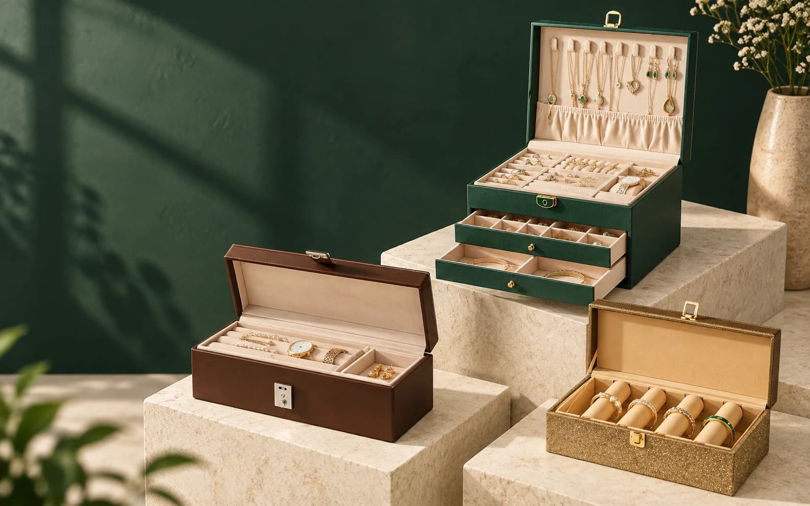 ARQEVAN jewellery organisers in emerald, chestnut and antique gold finishes